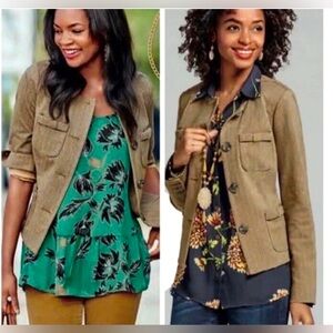 CAbi Penny Collarless Herringbone Brown Fitted Stretchy Blazer Jacket XS